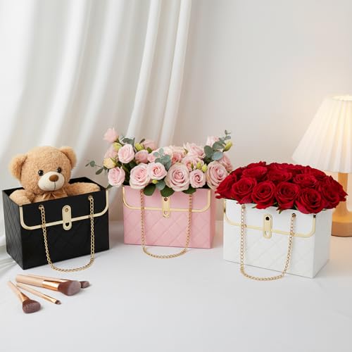 6 PCS Flower Paper Gift Box, Pink White Bouquet Storage Bucket Handbag with Metal Chain Floral Craft Wrap Bag Flower Bags ...
