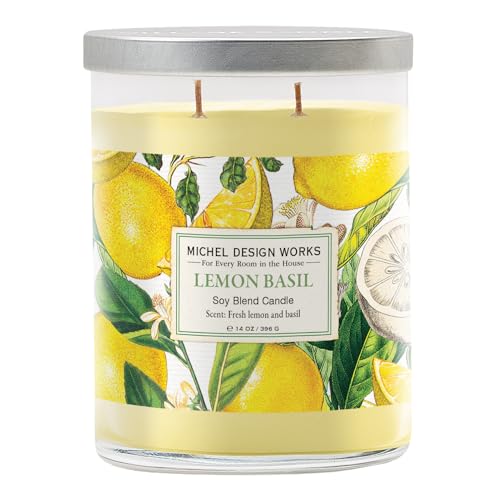 Michel Design Works Lemon Basil Scented Candle, 14 oz Soy Blend Dual Wick Glass Jar Candle with Lid, 75 Hour Burn Time, Ci...
