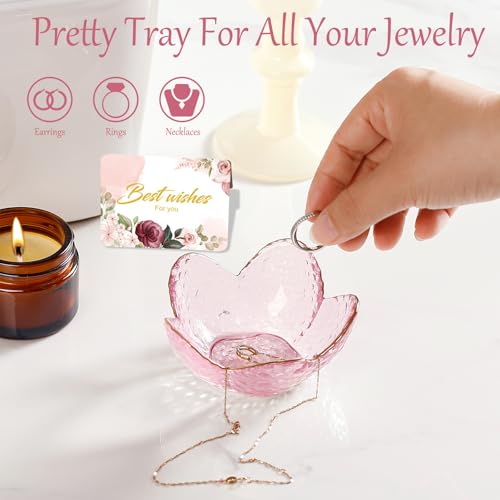 Gifts for Women Pink Flower Ring Dish Glass Jewelry Dish Jewelry Tray Cute Vanity Organizer Room Decor Aesthetic Nightstan...