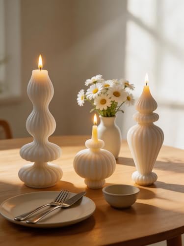Ribbed Pillar Candles Set of 3,Modern Aesthetic Decorative Candle Set Cute Soy Wax Scented Ribbed Decor for Home Bathroom ...