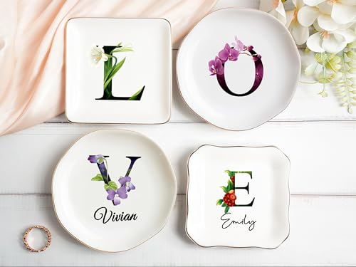 KeenlyMade Custom Ceramic Ring Dish, Personalized Jewelry Tray with Initial, Earrings Necklaces Bracelet Watch Keys Trinke...