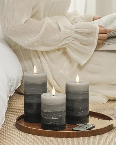 Stmarry Distressed Gradient Gray Flameless Candles with Remote and Timer, Real Wax Made LED Pillar Candles Battery Operate...