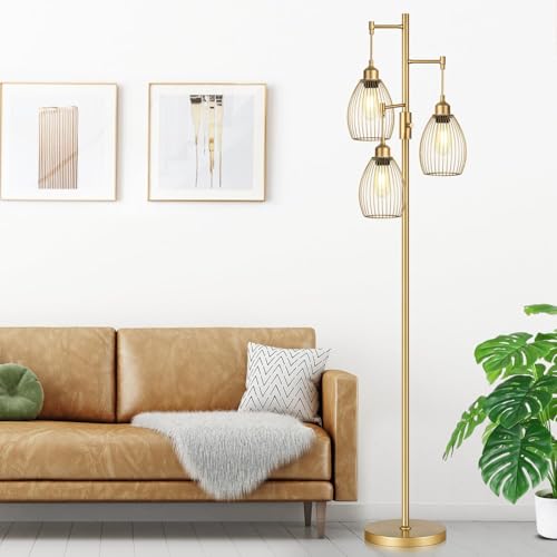 Dimmable Floor Lamp, Industrial Floor Lamps for Living Room, Gold Tree Lamp Standing Lamp Tall Lamps with 3 Elegant Teardr...