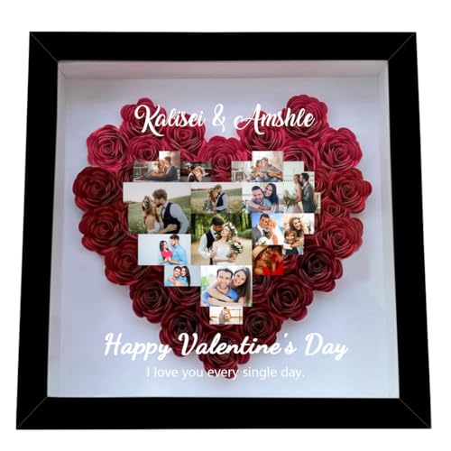 Personalized Heart Photo Collage Flower Shadow Box Frames,Custom Wooden Heart Collage Picture Frames,Rose Flower Shadow Bo...