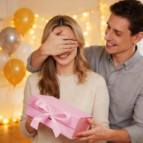 Aimyoo Large Pink Gift Box with Ribbon, 11.5x8.6x4.1 inch Groomsman Proposal Box for Presents with Magnetic Closure Lids, ...