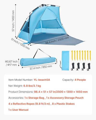 VEVOR Beach Tent Sun Shelter for 4 Person, Pop Up Beach Tent UPF 50+, Portable Sun Shade Beach with Carrying Bag and Sand ...