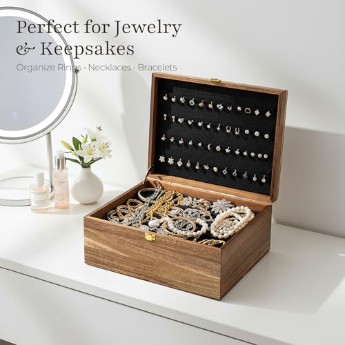 Keepsake Box – Wooden Keepsake Memory Box with Hinged Lid, Tree of Life Engraving, Large Acacia Wood Box 11"x8.6"x5", Felt...
