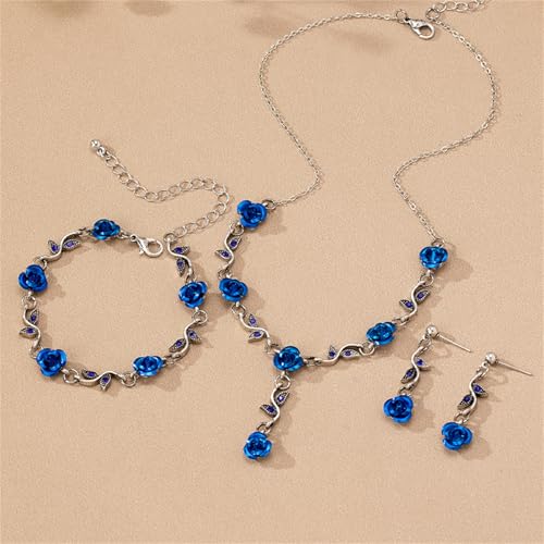 QLYOVWE 3Pcs Red Rose Jewelry Set for Women 14K Gold Plated Flower Pendant Necklace Crystal Dangle Earrings Vintage Valent...