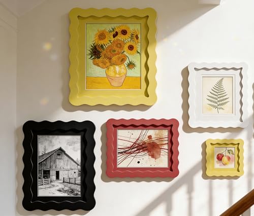 ScandiNest Scalloped 11x14 Picture Frame, Real Glass Wood Frame with Reversible Mat for 5x7/8x10 Prints, Wavy Edge for Wal...