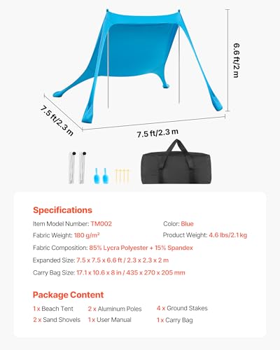 VEVOR Beach Tent Sun Shelter, UPF50+ Sun Protection, 6.6 ft Tall, 7.5x7.5 ft, Easy Pop Up Beach Canopy with Sandbags, Stab...