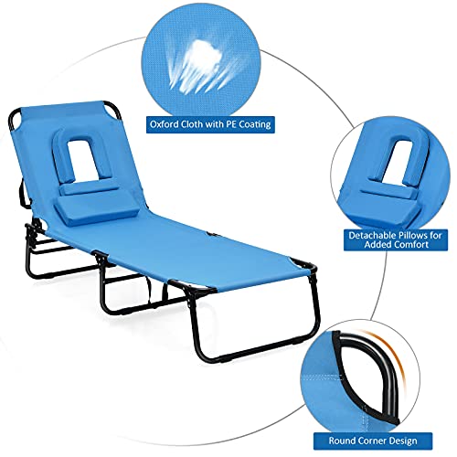 Gotoplay Folding Beach Lounge Chair w/ 5 Adjutable Backrest & Padded Pillow, Sunbathing Lounger Chair, Sun Tanning Lay Fla...