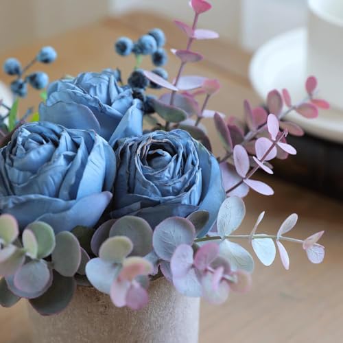Rosscer Small Artificial 2pcs Burnt Blue Rose Potted Plant, 6" Fake Silk Flowers in 3" Cylindrical Pot, Mini Faux Floral A...