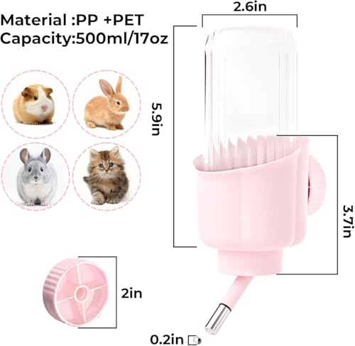 Pet Water Bottle for Cage Crate - 17oz No Drip BPA Free Water Dispenser for Small Animal Rabbit Guinea Pig Chinchilla Ferr...