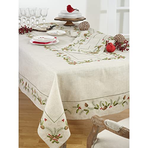 SARO LIFESTYLE 1851.N1654B Joyeuses Fêtes Collection Embroidered Pinecone And Holly Table Runner, 16" x 54", Natural