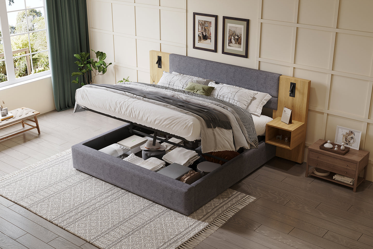 Upholstered Bed 160 X 200 Cm, Hydraulic Wide-eared Bed With USB Connection, With Lighting, Including Two Bedside Tables With Storage Space, Wooden Slatted Frame, Easy Construction, Velvet, Grey Natu