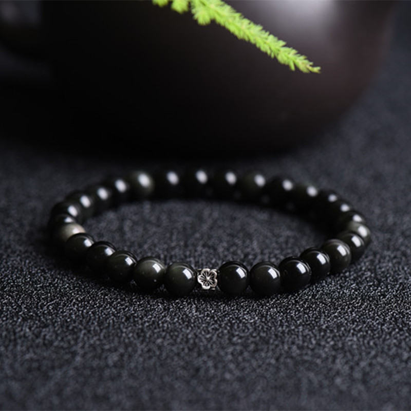 Natural Obsidian Bracelet With S925 Silver Small Flower Accessories