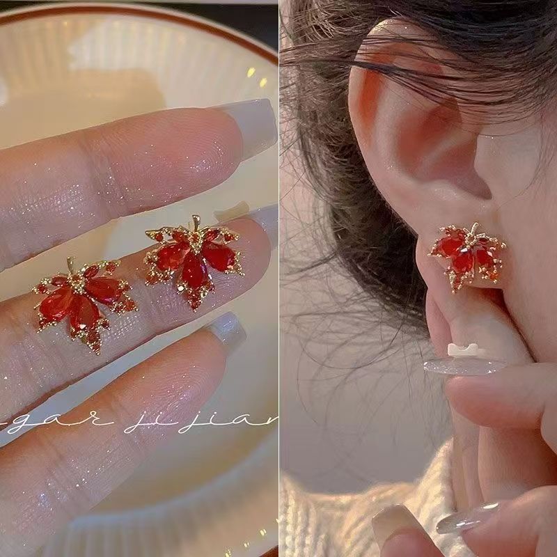 2026 New Red Maple Leaf Stud Earrings, Niche High-End Light Luxury Exquisite Designer Elegant Fashion Ear Jewelry For Women