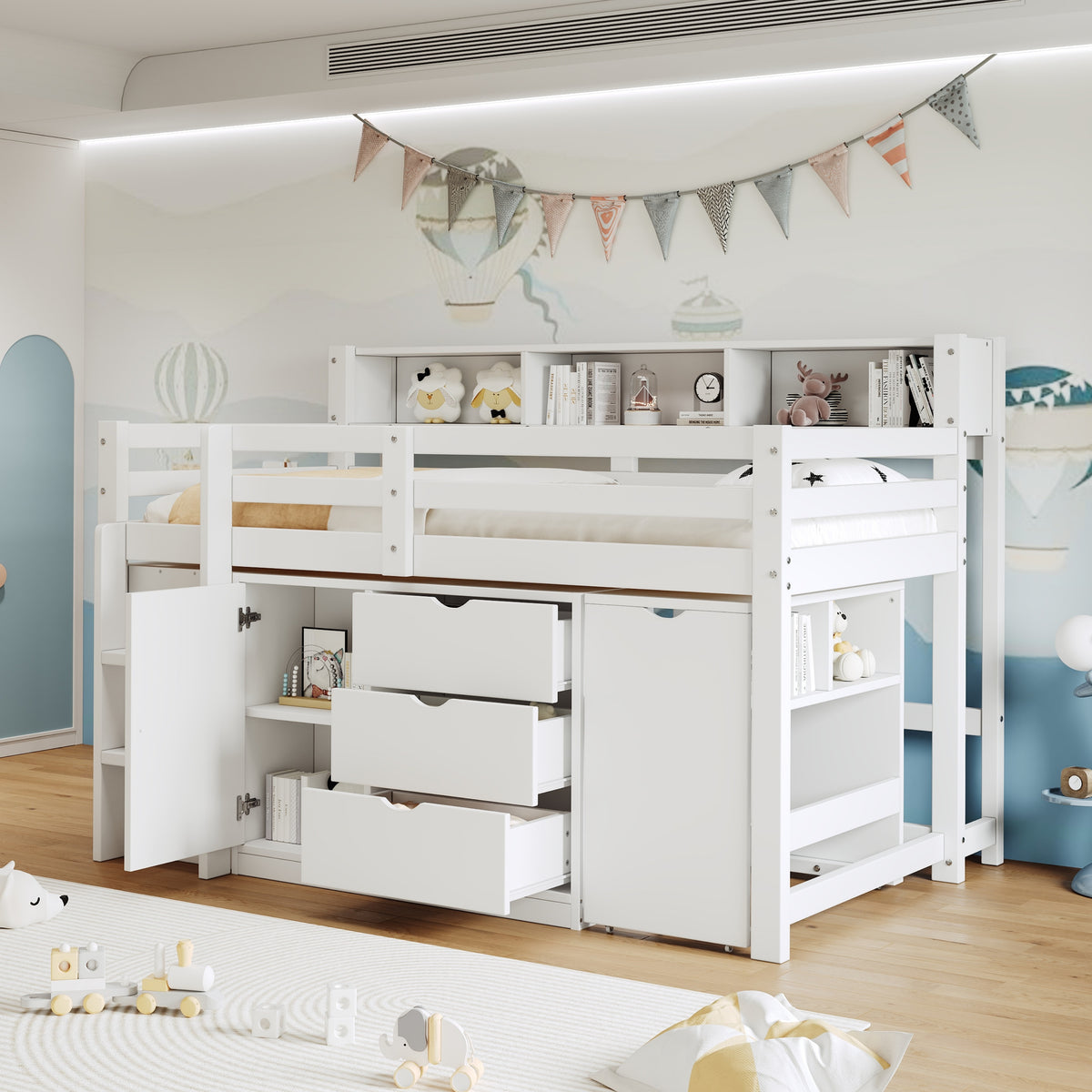 3ft Single Wooden Storage Bed With Pull-out Desk, Modern Wood Bed With Three Drawers, Storage Cabinet & Headboard Shelves, Space-saving Design With Storage Compartment, White No Mattress