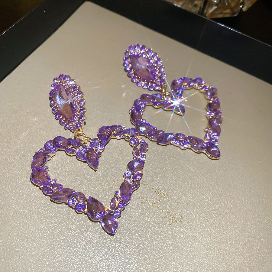 Sweet Purple Crystal Flower Earrings For Women Korean Style Rhinestone Luxury Versatile