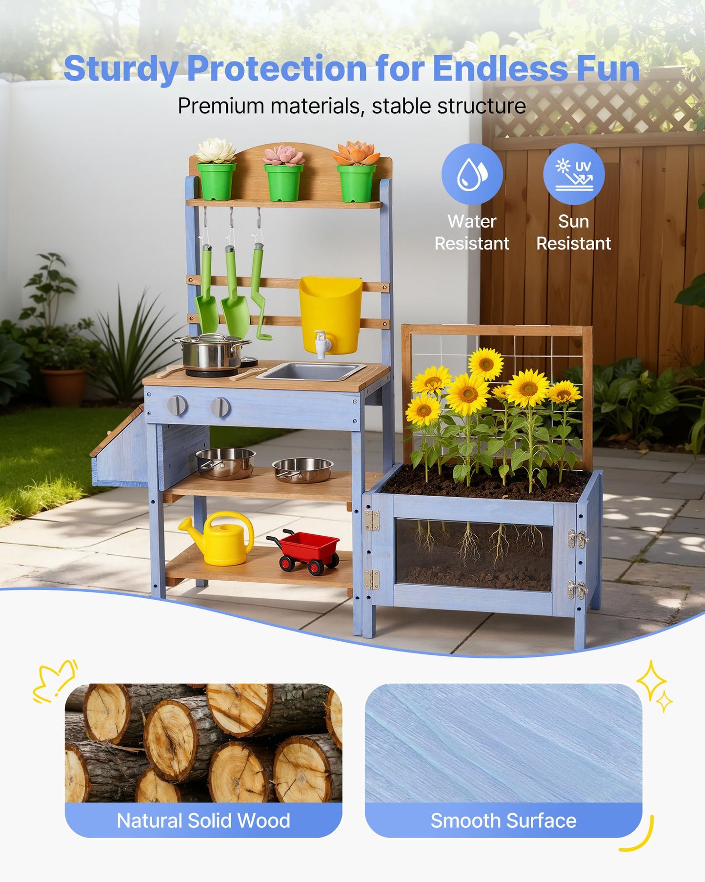 Mud Kitchen, Outdoor Mud Kitchen For Kids, Wood Outdoor Play Kitchens With Planting Box, Critter Catcher Container, Tank, Sink, Cookware Pots And Accessories, Wooden Play Kitchens For Lawn, Yard