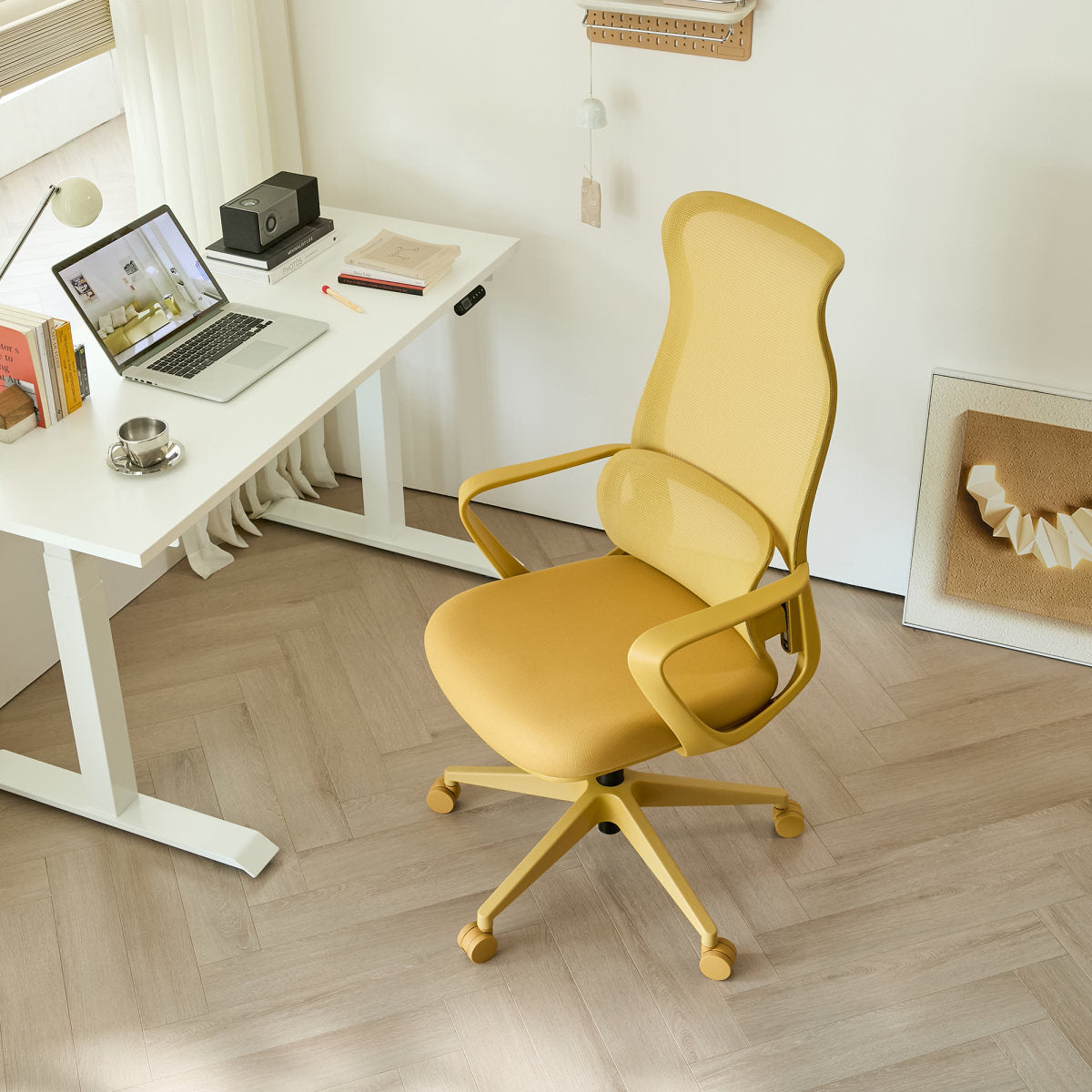 Ergonomic Colorful Office Chair 350LBS Home Office Mesh Breathable High Back, With Adjustable Lumbar Support Computer Chair, Integrated Molded Foam Seat Cushion, Fireproof (Yellow)