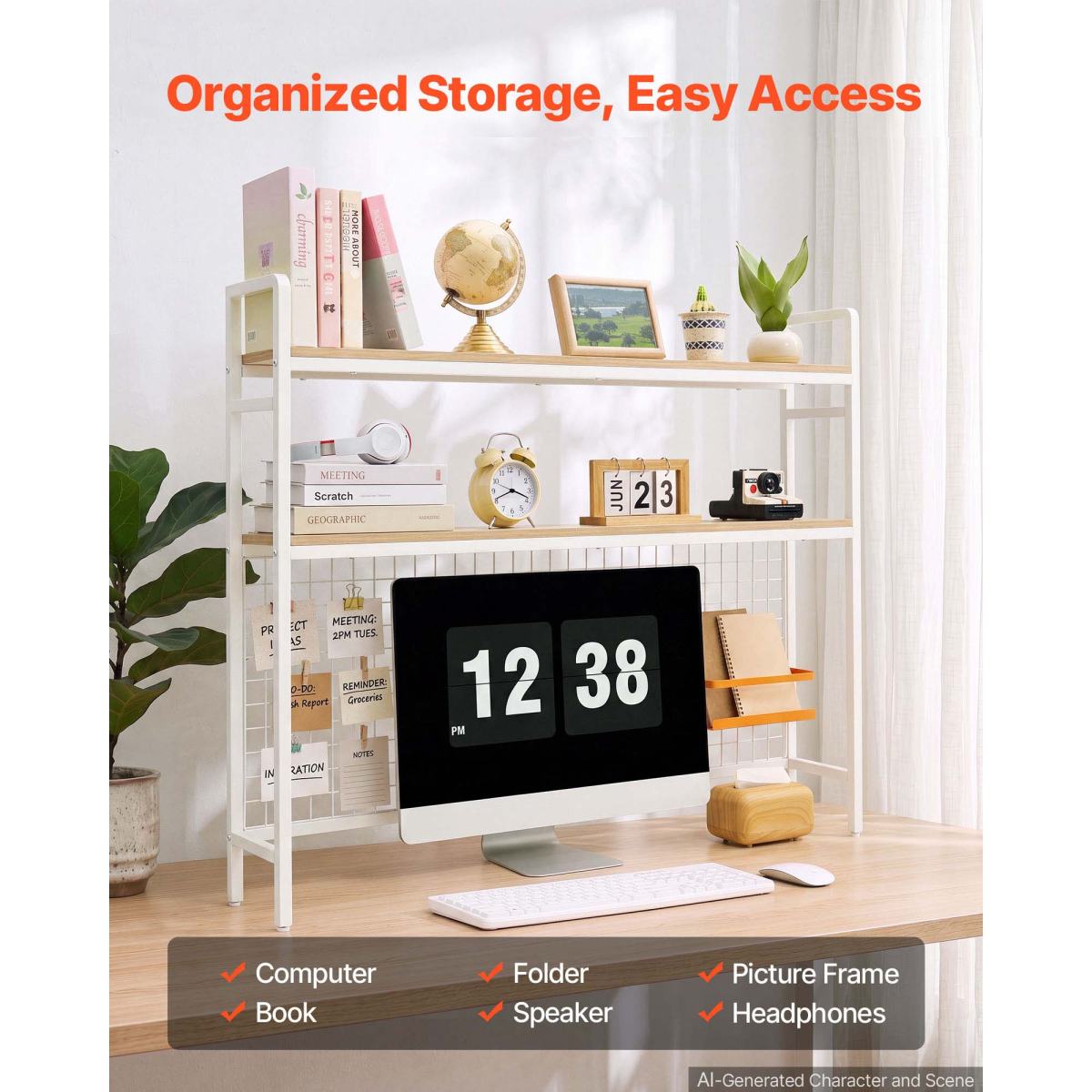 Desktop Bookshelf 3-Tier Countertop Storage Hutch With Grid White, For Computer Desk, Metal Frame And Wooden Shelf, With Non-Slip Feet Pads, Desk Hutch Storage Organizer For Dorm, Home, Office