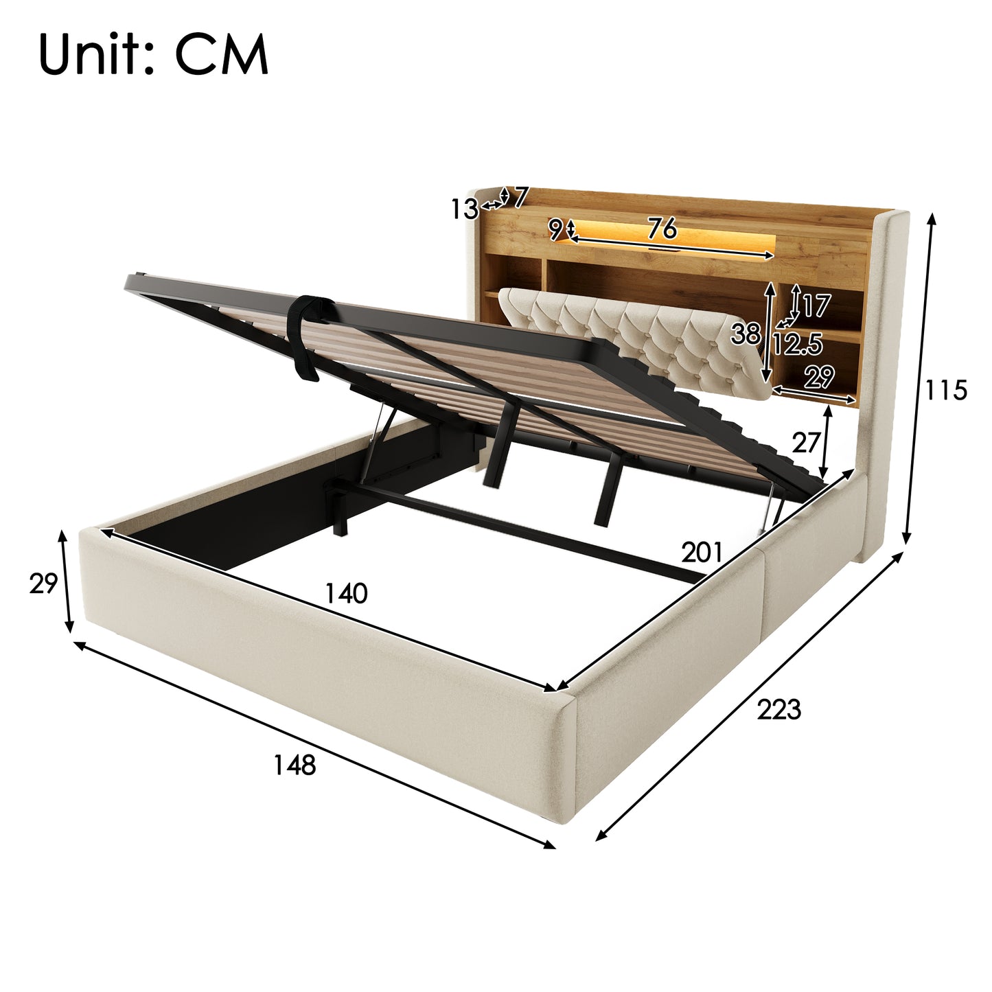 Upholstered Bed 140x200cm With Hydraulic Bed Base & LED Lighting, Bed Frame With USB Type-C Charging Function, Headboard With Shelf & Storage Space, Linen Fabric, Beige Without Mattress