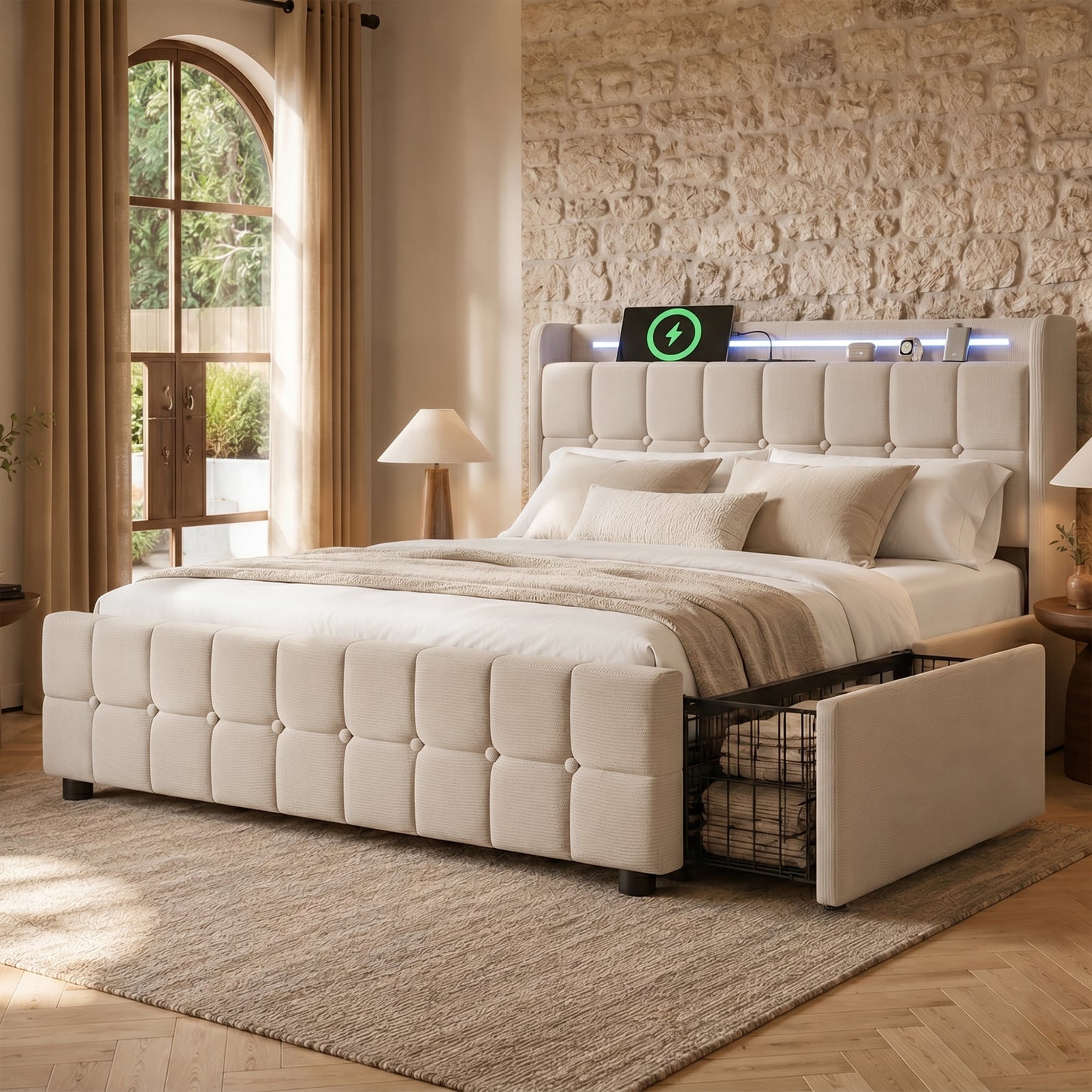 Upholstered Bed With Charging, USB Charging Function, Headboard And LED Lighting And 4 Drawers, Double Bed 140x200cm, Storage Beds, Bed Frame, Wooden Slatted Base, Beige Without Mattress