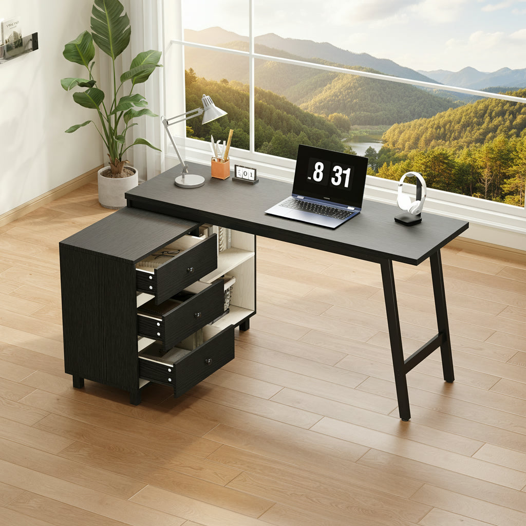 150 X 100 X 76 Cm L-shaped Desk With Three Drawers, Two Open Storage Compartments, Tubular Steel Legs, Spacious Table Top, Black And White.