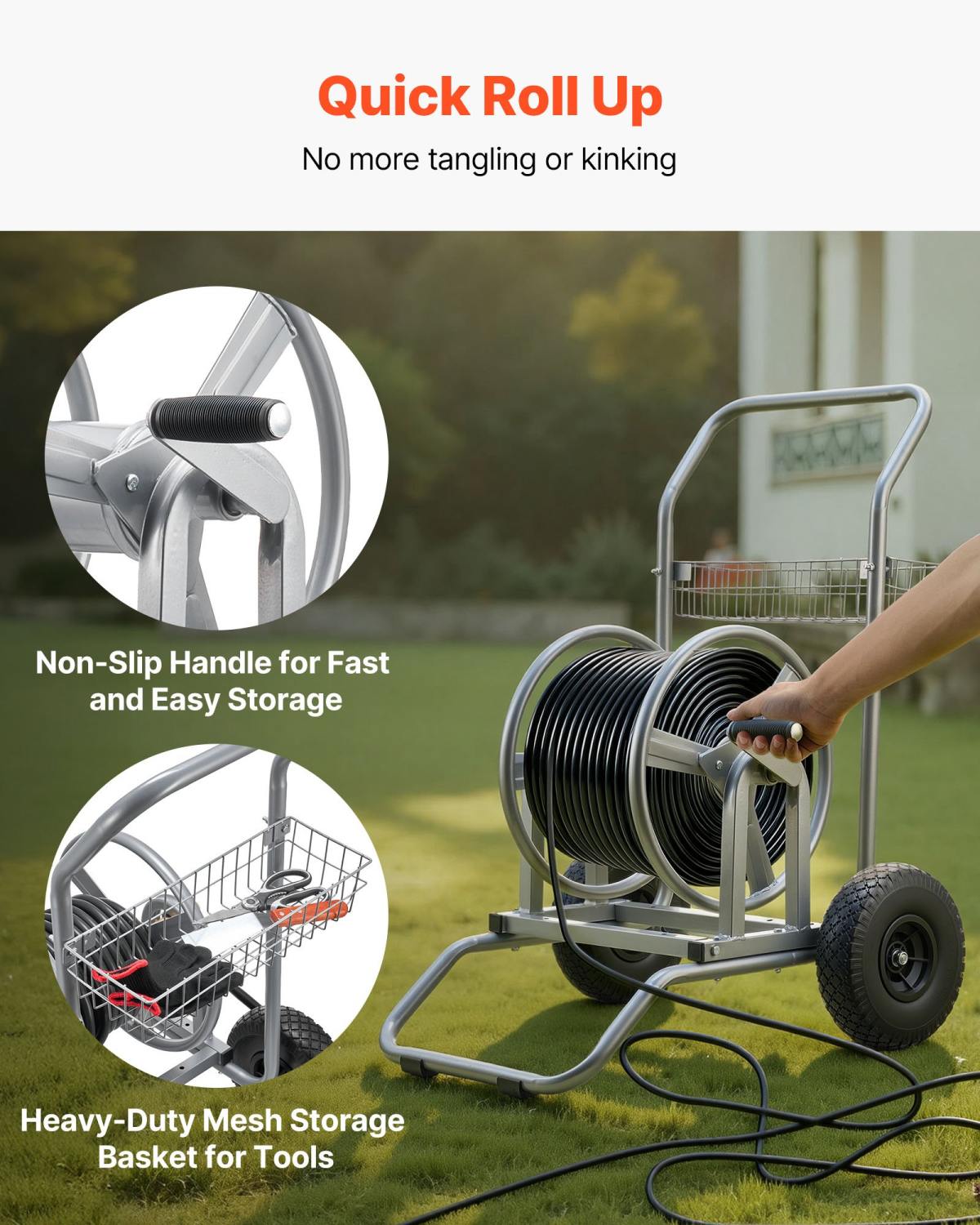 Water Hose Reel Cart, 200/300ft High-Pressure Garden Hose Cart, Hoses Reel Carts With Two Wheels, Handle & Heavy-Duty Mesh Storage Basket, Dual-Purpose Portable Hoses Reels For Garden, Car, Pet