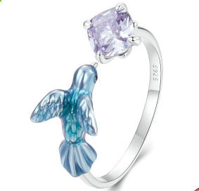 Gradient Kingfisher Petal Opening Smart Bird Sterling Silver Ring