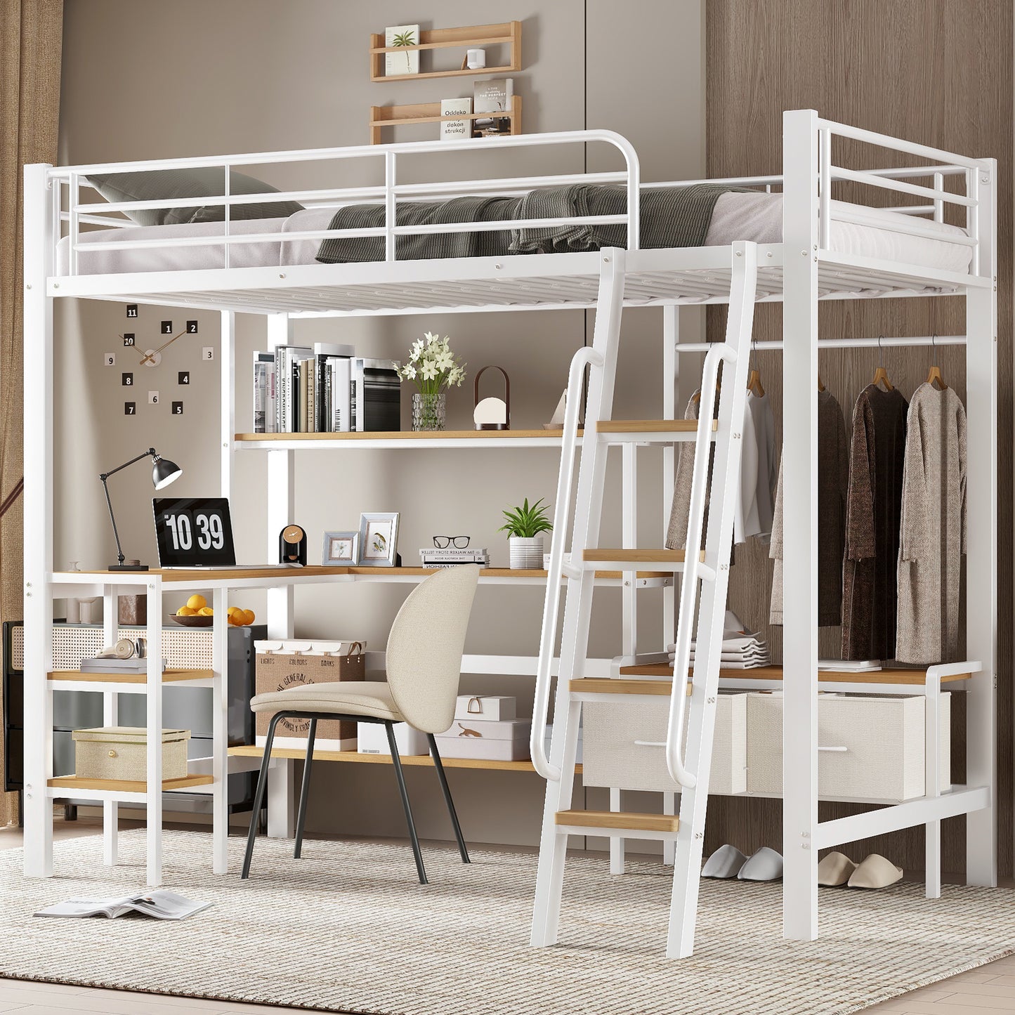 Iron Bed, Loft Bed, Including Two Fabric Storage Boxes, With Desk And Storage Shelf, Four-Story Inclined Staircase, Iron MDF, White Natural, 90x200cm