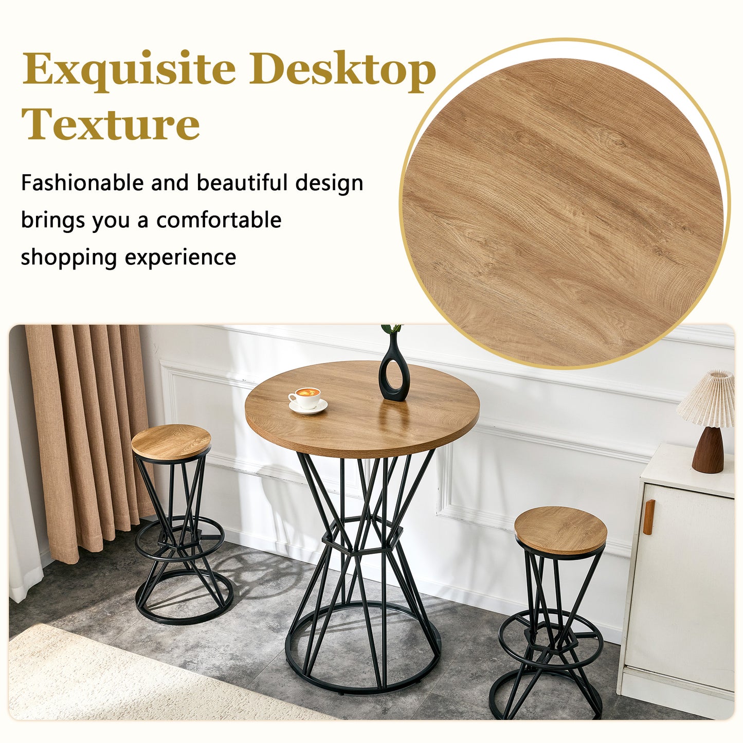 Single Package Bar, Table, Chair Set.31.5-inch Wood Grain MDF Tabletop With Black Metal Frame, Industrial Style Bar Counter Combination,suitable For Kitchen Island Countertops,seating 2 People.