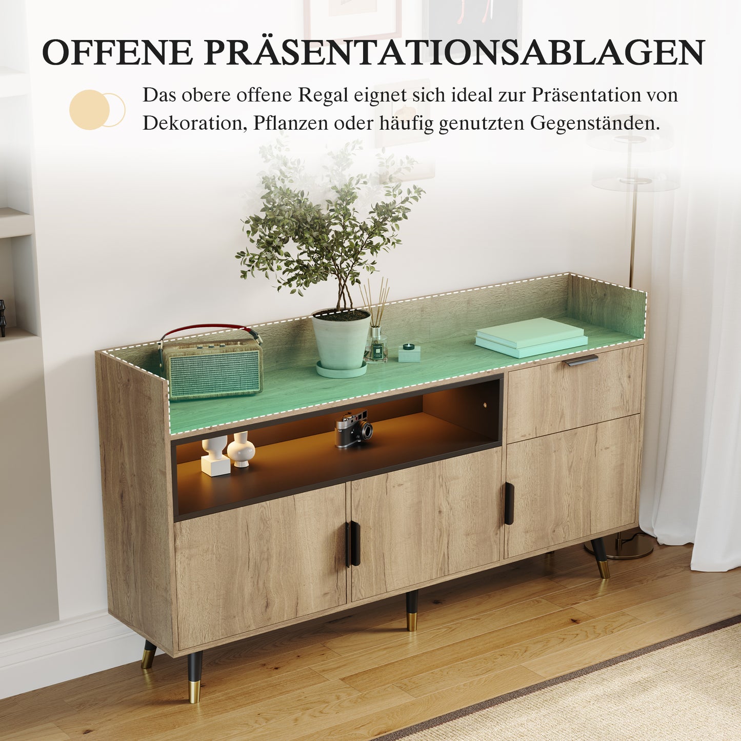 Modern Minimalist Sideboard Open Shelves, Practical Drawers, Swinging Doors On Both Sides. With Low-noise Rails And Sturdy Wooden Frame Suitable For Living Room, Dining Room And Office.