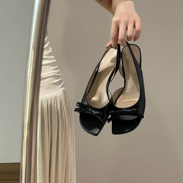 2026 Summer New Women's Checkered Bow Peep-toe Fashion Shoes, French Square Toe Kitten Heel Backless Sandals