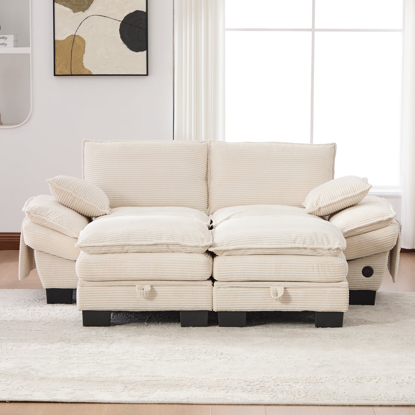 Modular 2-seater Corduroy Sofa With 2 Stools Wide Seat, Ergonomic Design, High-density Foam Padding, USB-C Port And Side Pockets. Ideal For Living Room, Office Or Lounge