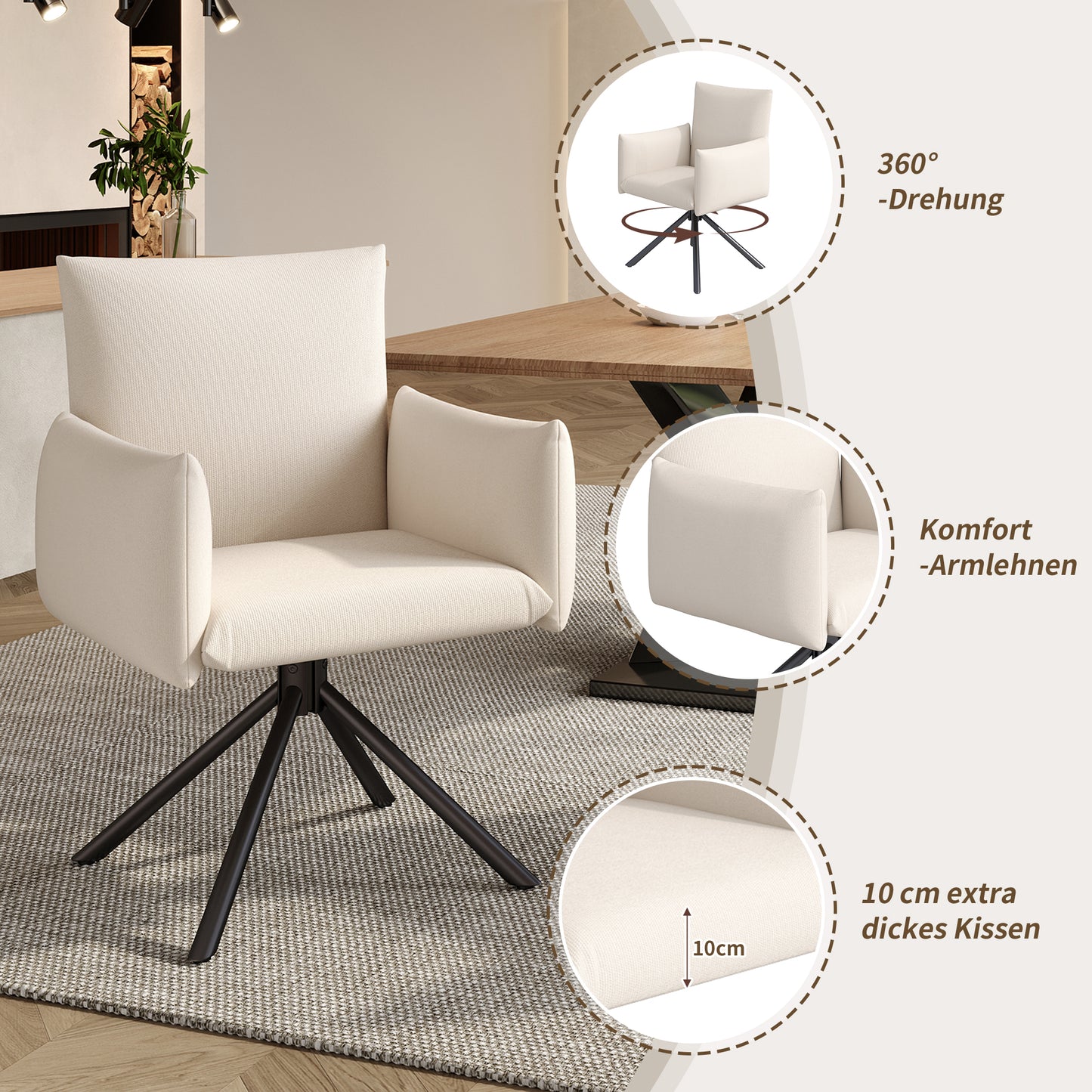 Two Dining Chairs Set, Upholstered Armchair With 4 Metal Legs, 360 Casual Swivel Chair, Living Room Bedroom Chair, Work And Desk Chair, Lumbar Support, Linen, Beige