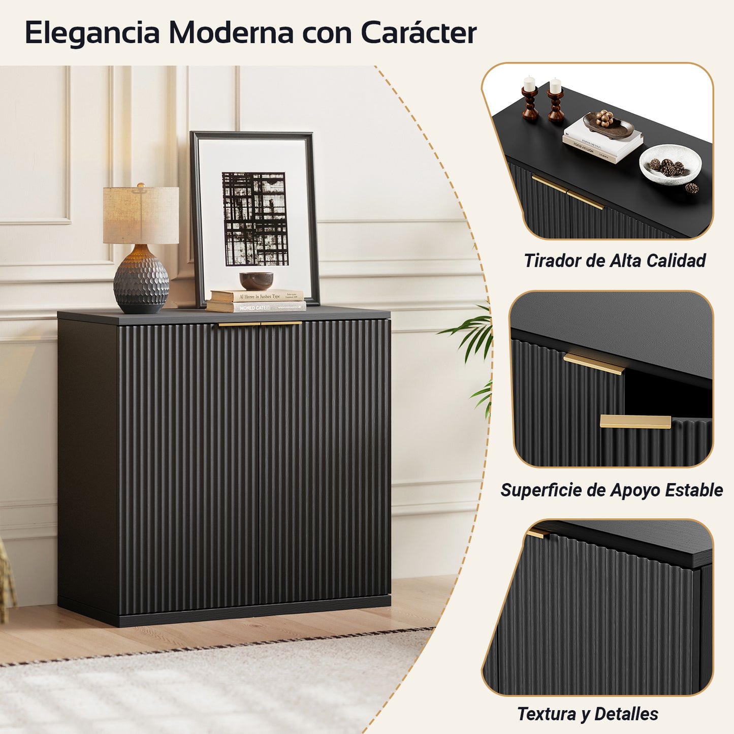 Modern Storage Cabinet With Pleated Front And Metal Handle, Multifunctional Sideboard Cabinet For Living Room & Bedroom, Natural Light Wood Decor, Black, 60x30x70 Cm