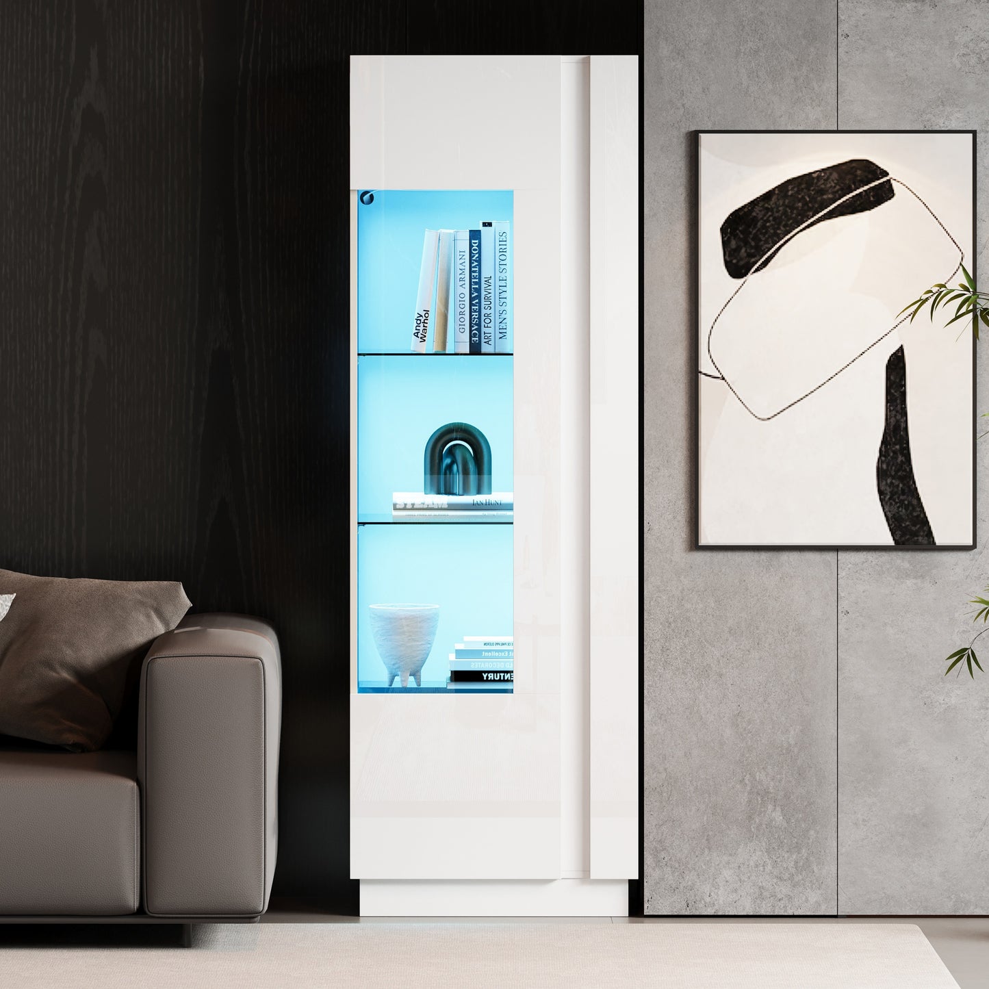 60x40x180cm Cabinet,Acrylic Display Cabinet Door,Display Cabinet High Gloss Storage Cabinet With LED Lighting, 3 Glass Shelves ,Highboard, Storage Cabinet, Tall Cabinet, Sofa Cabinet,White
