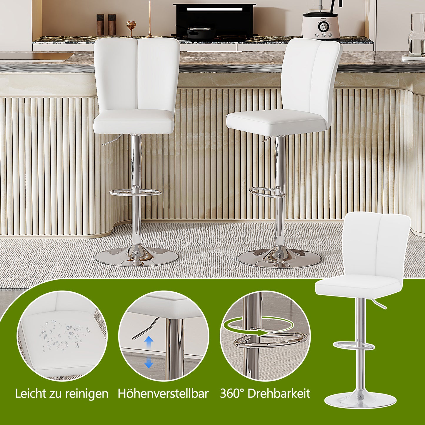 Height-adjustable Bar Stool In A Set Of 2, Can Be Rotated 360 . Luxurious Bar Stool In Silver And White Design Made Of Water-repellent PU Leather, Suitable For Kitchen Islands. Various Colors Availabl