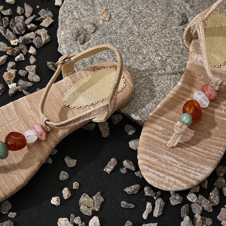 Retro Woven Bead Clip Toe Herringbone Sandals For Women's Summer New Fashion Beach Shoes Agate Slippers