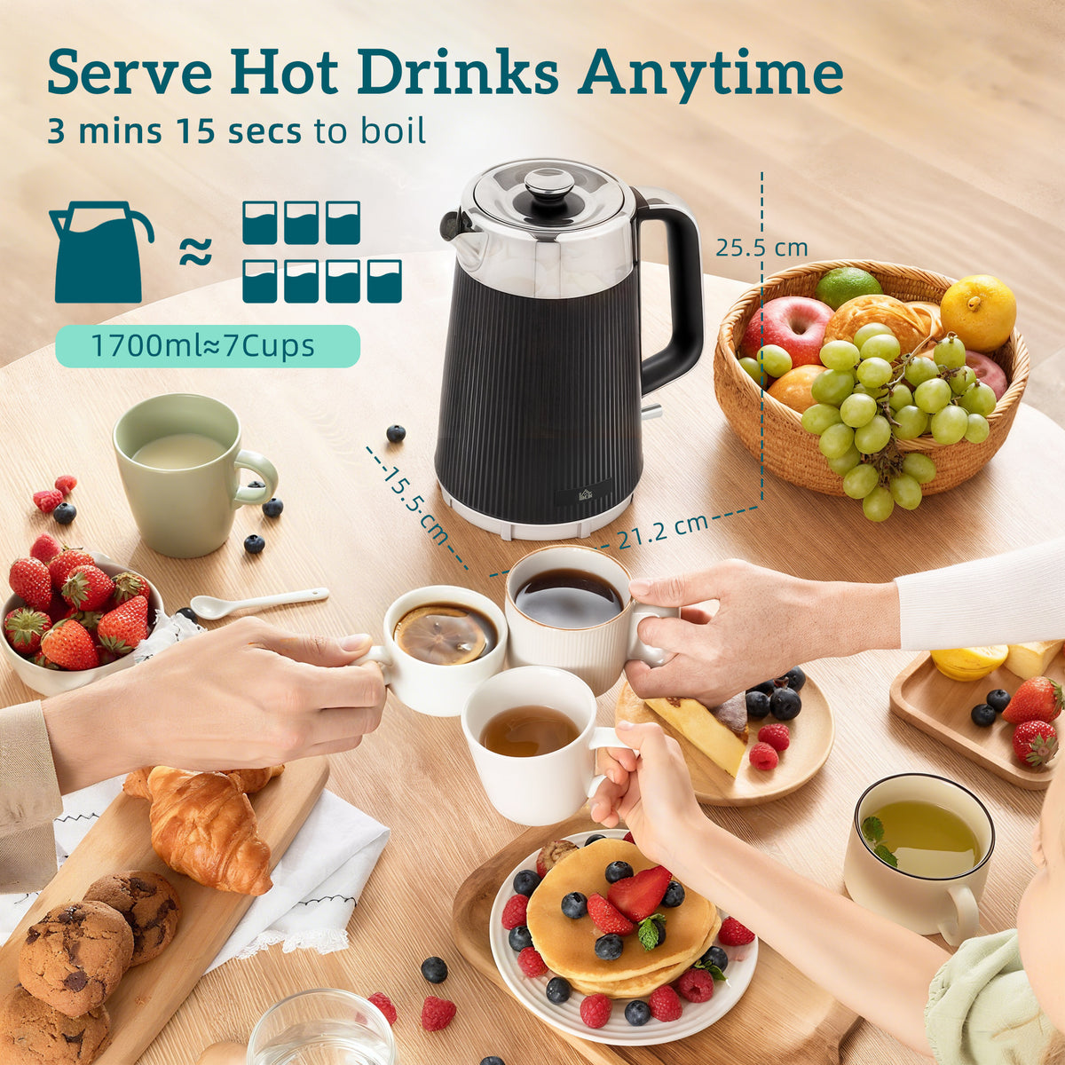 Electric Stainless Steel Kettle And Toaster Set, 3000W 1.7L UK Strix Thermostat Fast Boil Kettle W/ Limescale Filter, Cool Touch Body, 4 Slice Toaster With 7 Browning Levels, Crumb Tray, Black