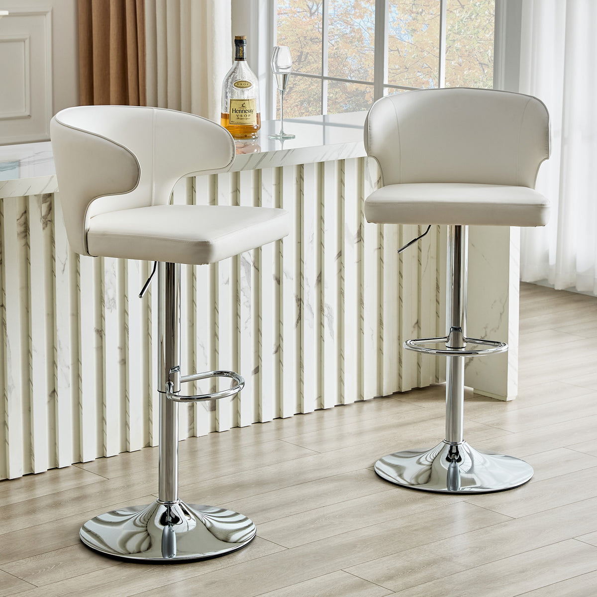 Modern Rotating Adjustable Bar Chair, PU Leather Belt Backrest Swivel Chair, Suitable For Kitchen Bar Counter And Dining Room, Adjustable Height, Capable Of Bearing 300 Pounds White -2 Pieces