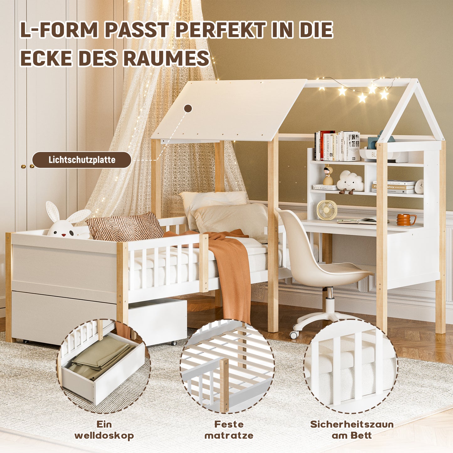 Old SKU W2845S00049 90 X 200 Cm Children's Bed With Fall-out Protection And Slatted Frame, L-shaped Desk And Bookcase, Drawers With Wheels, Multifunctional House Bed Made Of Solid Wood, White