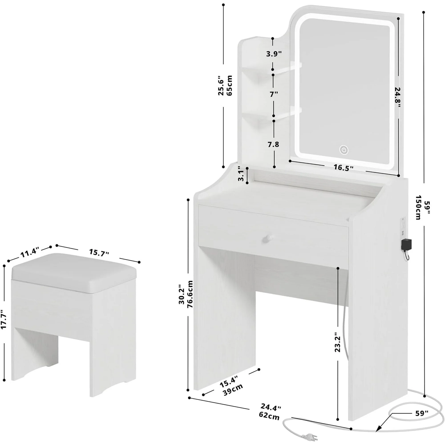 A Small Dressing Table Set With A Adjustable Lighting Makeup Surface, Including A Dressing Table, Storage Drawers, Shelves And A Stool