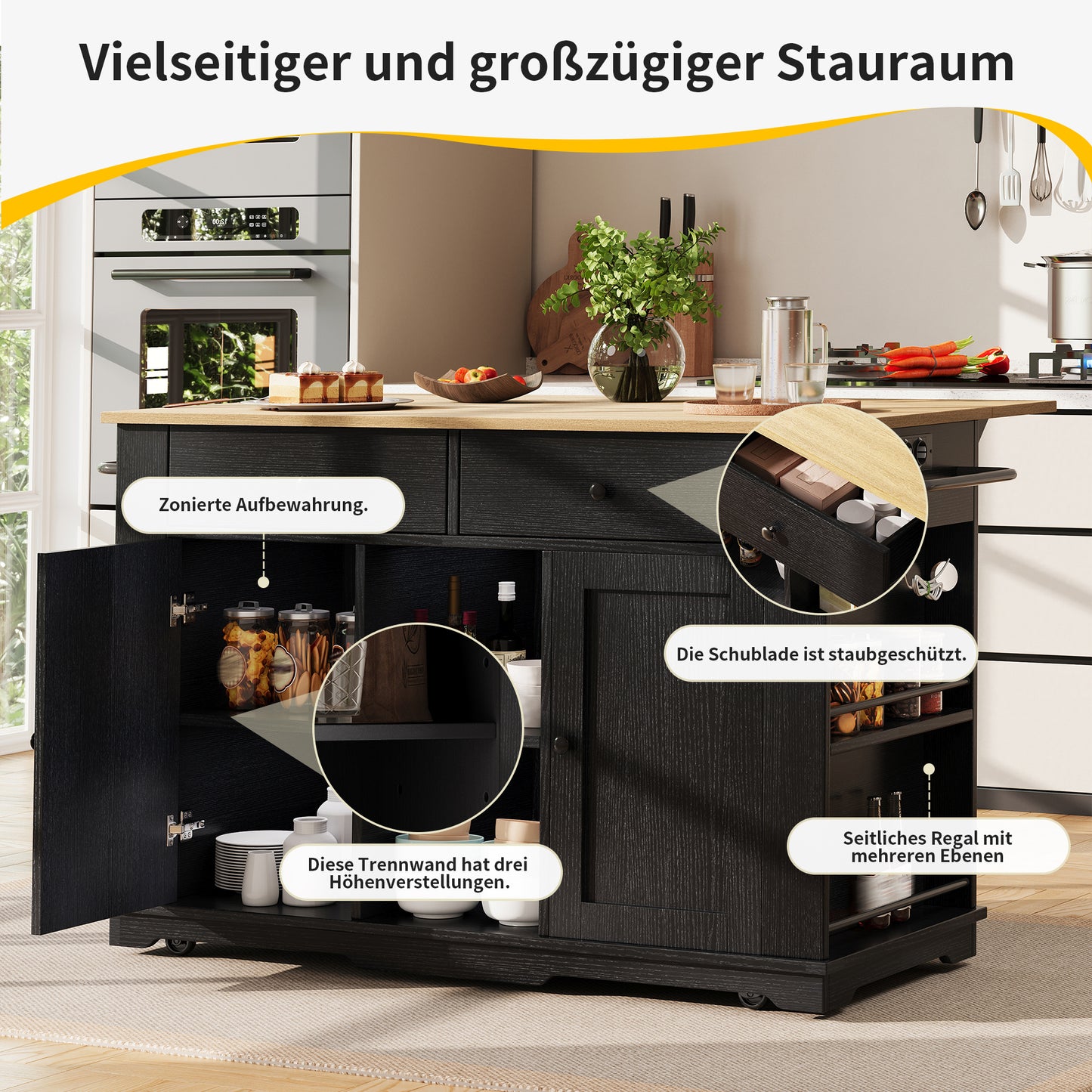 Kitchen Island, Kitchen Trolley Equipped With Power Strip, Kitchen Cabinet, Serving Trolley With Worktop, Buffet Cabinet, Dining Trolley With Wood Grain, Buffet Cabinet,Black