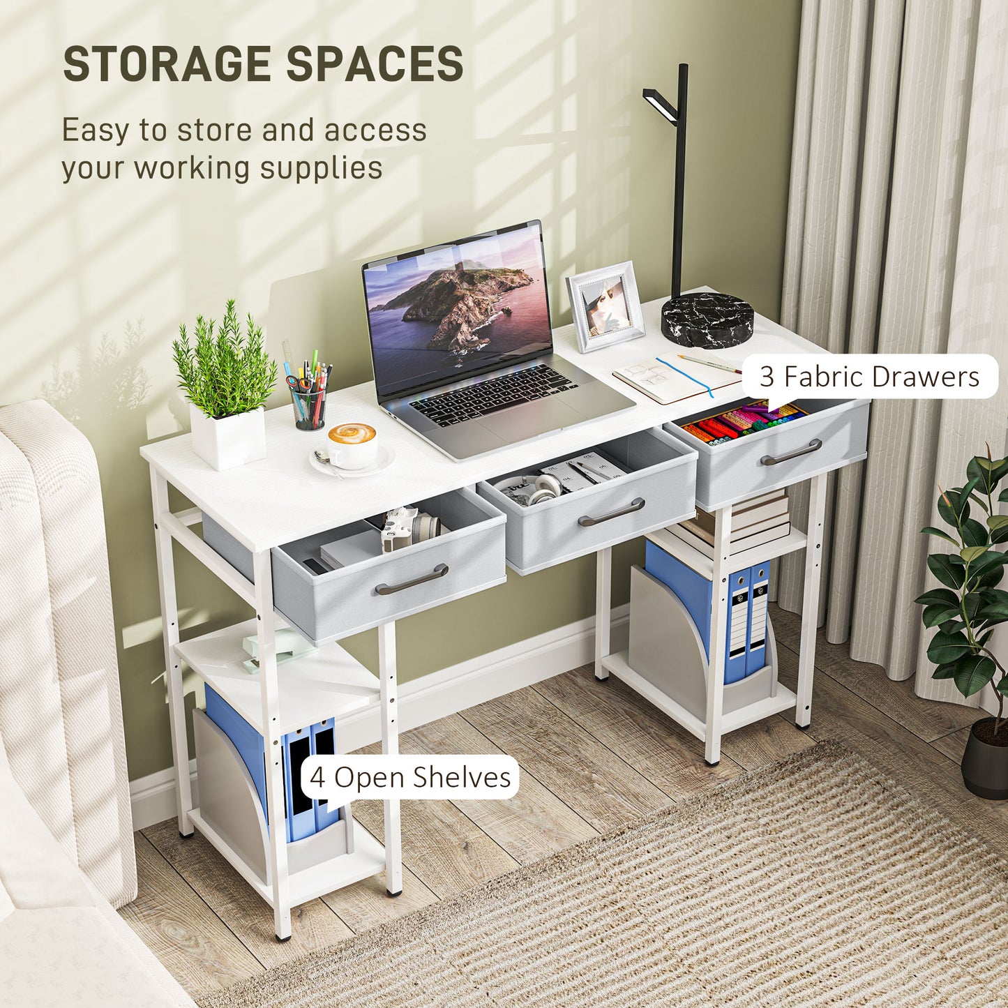 47" Small Computer Desk, Writing Desk With Fabric Drawers, Home Office Desk With Adjustable Shelves, White