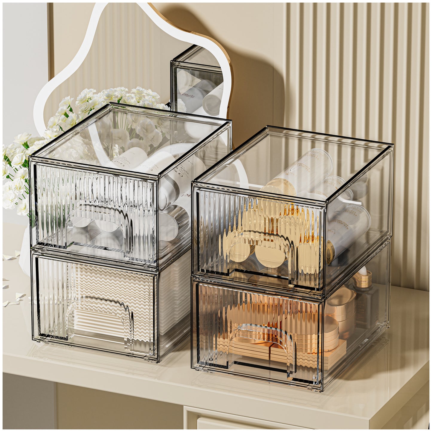 1, 2, 3, 4 Pack Clear Stackable Acrylic Drawers Cosmetic & Home Storage Organizer For Dresser, Vanity, Kitchen Cabinet, Pantry, Under Sink Plastic Drawers For Makeup, Office Supplies & Small Items