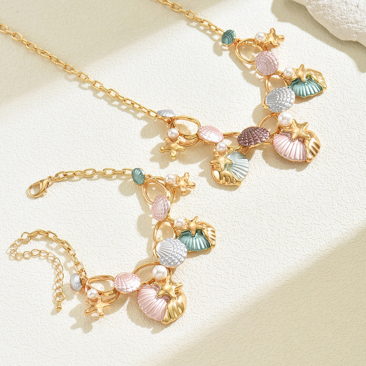 European American Cross-border Ocean Style Women Jewelry Set, Geometric Starfish & Shell Necklace Bracelet Inlaid Faux Pearl, Versatile Daily Neck Wrist Accessories