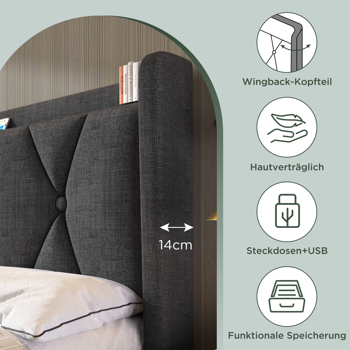 Upholstered Bed With Charging, USB Charging Function, Headboard And 4 Drawers, Double Bed 140x200cm, Storage Beds, Bed Frame, Wooden Slatted Base, Grey Without Mattress